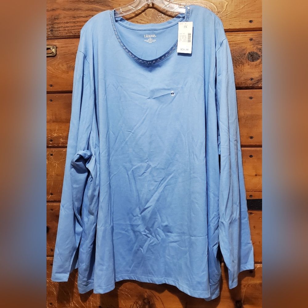 Women's Blue Long Sleeve Shirt with Beaded Neckline